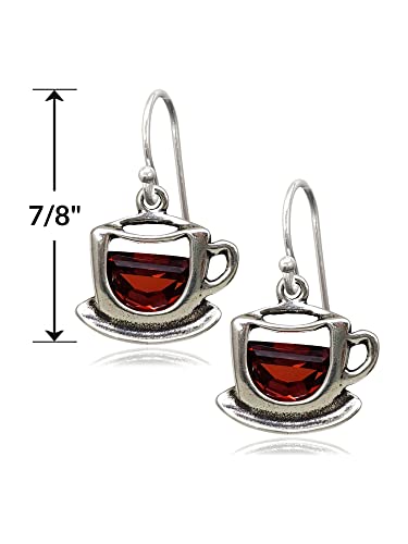 Sterling Silver Coffee Cup Teacup with Red Cubic Zirconia Charm Earrings - Thumbnail 2