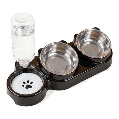 3 in 1 Katzen Napfset, Katzennapf Erhöht Edelstahlnäpfe Katze Futternapf und Wassernapf Set mit Wasserspender 15°Geneigte Haustier Erhöhte Schüssel für Indoor-Katzen Kleine Hunde