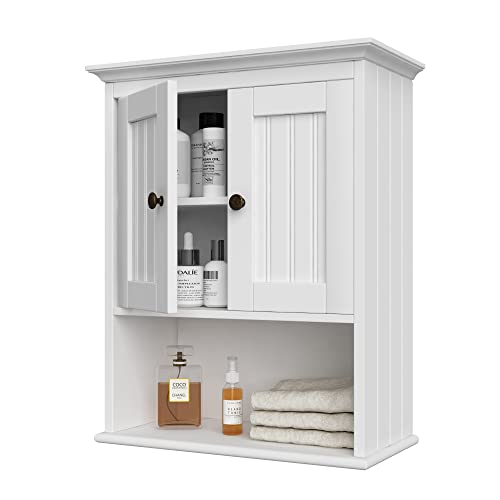 Treocho Wood Wall Cabinet, Bathroom Medicine Cabinet Storage with Doors and Adjustable Shelf, Rustic Cabinet Wall Mounted for Bathroom, Livingroom, Kitchen, Cupboard, White Treocho Wood Wall Cabinet, Bathroom Medicine Cabinet Storage with Doors and Adjustable Shelf, Rustic Cabinet Wall Mounted for Bathroom, Livingroom, Kitchen, Cupboard, White