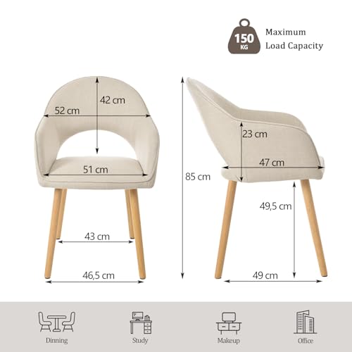 Goeurvant Beige Dining Chairs Set of 2, Upholstered Chairs with Armrests& Wooden Legs, Wool Linen Blend Armchairs, Ergonomic Kitchen Chair, Living Room Chair for Dining Room and Kitchen, Beige - Image 3