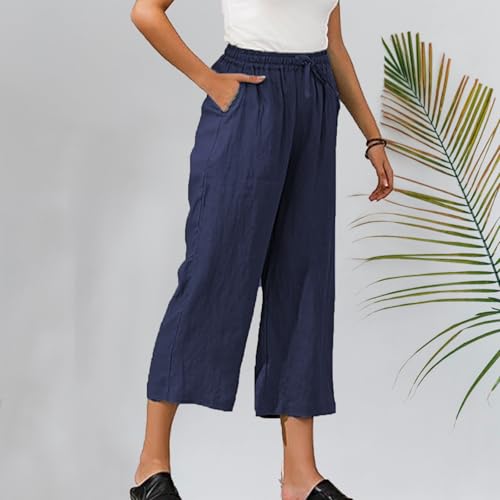 Capri Pants for Women 2025 Summer Drawstring Elastic High Waist Casual Capris Straight Wide Leg Cotton Linen Pants3