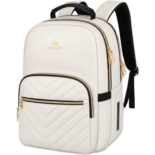 Image of MATEIN Travel Laptop Backpack, Anti Theft Quilted Slim Backpacks for Women | Bookbag with Detachable Keychain Hook, Carry on Bags Purse, for Teacher Doctor Nurse, Fits 15.6 Inch Notebook, White
