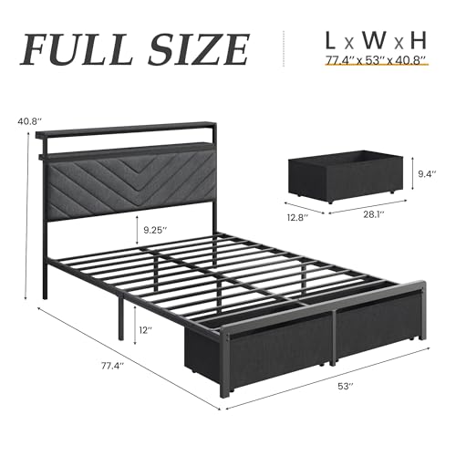 Image of Fluest Full Bed Frame with 2 Drawers, Upholstered Headboard with Storage and Charging Station, LED Lights, Fabric Drawers with Wheels, Under Bed Storage, No Box Spring Needed, Easy Assembly, Grey