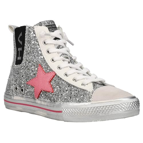 VINTAGE HAVANA Womens Alive Metallic Glitter High Sneakers Shoes Casual - Silver2