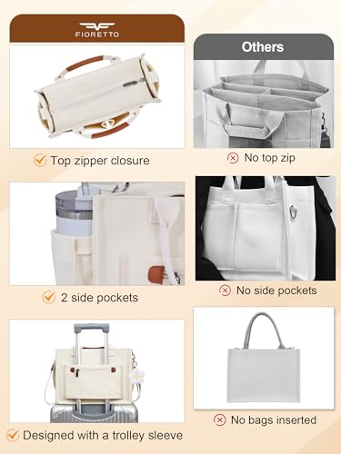 Image of FIORETTO Womens Canvas Tote Bag Purse with Individual Compartment, Zipper Top, Reinforced Bottom & Luggage Sleeve