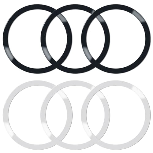 6 Pcs Universal Metal Rings Compatible with Magsafe Sticker/iPhone/Galaxy/Android All Cellphones, Ultra-Thin Magnetic Ring for Phone Cases & Wireless Charging (NO Magnet), Black & Silver