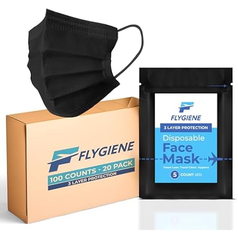 FLYGIENE - 3-Ply Black Disposable Face Mask - TSA Approved Disposable Face Masks - Comfortable & Safe Disposable Face Mask for Safety & Protection - Ideal for Travel & Daily Use - 5 Count(1 Pack of 5) Cover