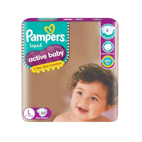 Pampers Active Baby Tape Style Diapers, Large (L) Size, 50 Count, Adjustable Fit with 5 star skin protection, 9-14kg Diapers