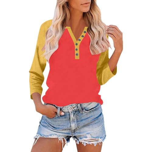 Women's 3/4 Sleeve Tops Henley V Neck Color Block Raglan Tshirts Casual Jersey Baseball Shirts Athletic Vintage Y2K Tee A01 Orange Medium