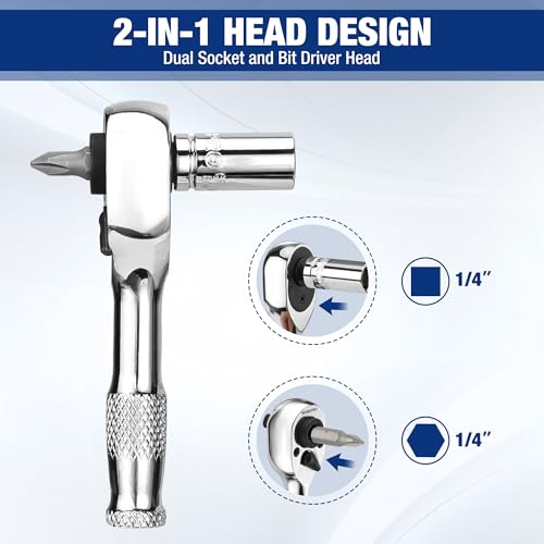 WORKPRO 2-Piece Stubby Handle Ratchet Set with 14 Accessories, 1/4" Dual Socket Short Ratchet Handle with Bit Driver Head, 3/8" Socket Wrench with Flexible Head, Reversible Ratchet 72-Teeth - Image 6