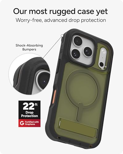 Image of ZAGG Rainier Case with Kickstand for iPhone 17 Pro - Green Sea Kelp, Graphene 22ft (7m) Drop Protection, Lanyard Attach Points, MagSafe, Wireless Charging Compatible, 2-Piece Design, Phone Case