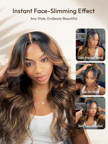 Image of Beauty Forever Bye Bye Knots No Slip Wig Balayage Brown 7x5 Lace Front Wig Human Hair Glueless Drawstring Wigs Loose Wave Face Framing Layers Curtain Bangs Pre Plucked Pre Cut 150% Density 16inch
