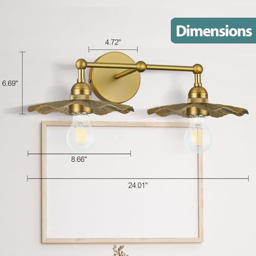 Image of Vintage Brass Bathroom Light Fixtures, 2-Light Flower Wall Sconce with Decorative Lotus Petal Metal Shades, Industrial Bathroom Vanity Light for Mirror, Bedroom, and Hallway