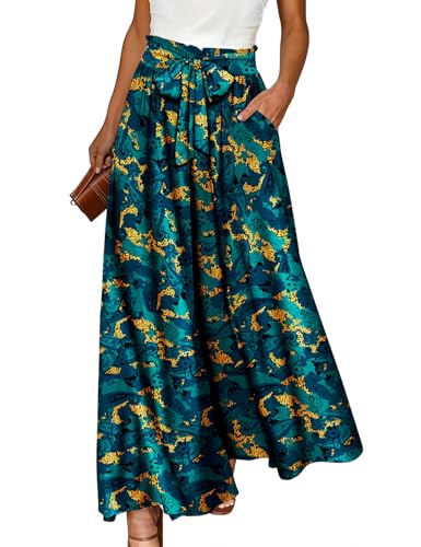 YESNO Women Wide Leg Pants High Waisted Floral Boho Palazzo Culottes Casual Flowy Tie Knot Trousers with Pockets M PPS CR438