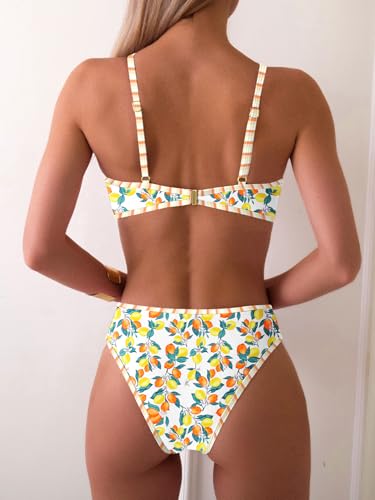 Image of Fanuerg Women's Triangle Bikini Sets O Ring Linked Two Piece Swimsuits Floral Printed Cheeky Bathing Suit