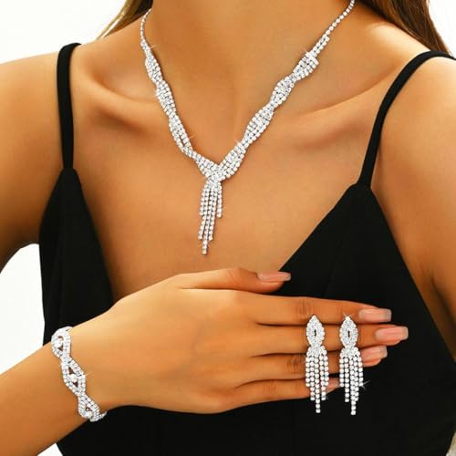 GORAIS Wedding Jewelry Sets Rhinestone Necklace Silver Bridal Prom Jewelry Set for Women and Brides 6
