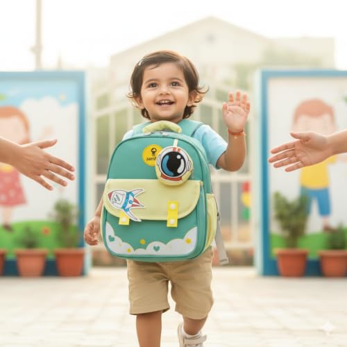 Image of Zemba Kids School Backpack, Space Explorer Theme with Astronaut and Rocket Design, Teal and Yellow, Polyester, Ages 2-6 Years
