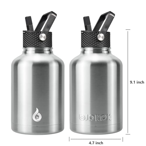 Image of BJPKPK Insulated Water Bottles with Straw Lid, 50oz Large Water Jug, Stainless Steel Vacuum Bottles, Hot & Cold Thermo with 3 Lids and Paracord Handle,Stainless Steel