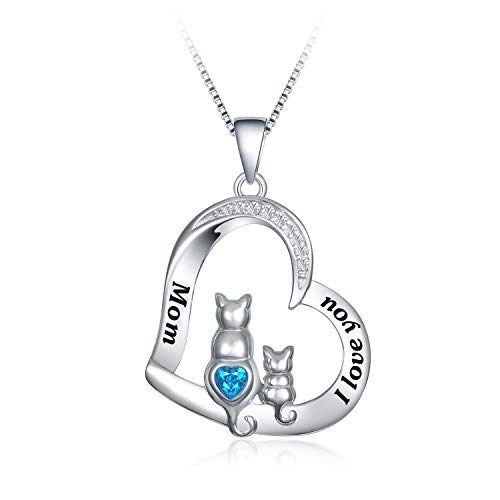 NUOKUN S925 Sterling Silver I Love You Mom Heart Pendant Necklace Jewelry Gift for Mother's Birthday Christmas Gifts Cat