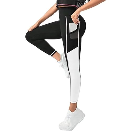 ZERAOKE Women Stylish Color-Block High Waist Yoga Pants with Pockets Tummy Control Shaping Workout Leggings for Running Gym-Black White-S