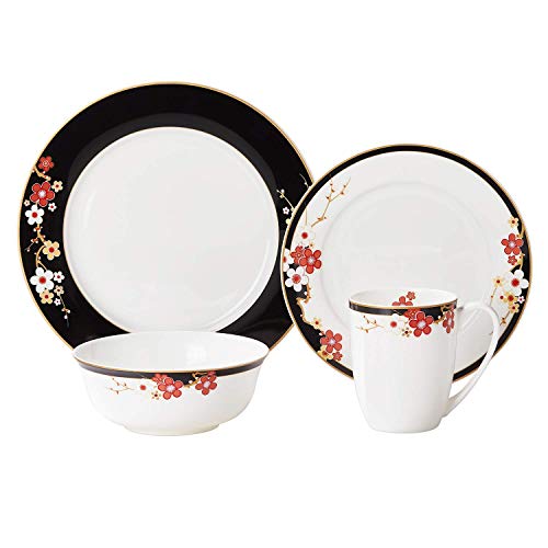 Chulan Floral Dinnerware Sets 4pc Bone China Dinnerware Sets for 1 Person Dish Set with Plum Blossom and Black Border Elegant Tableware Dinner Plate Salad Plate Cereal Bowl Coffee Mug