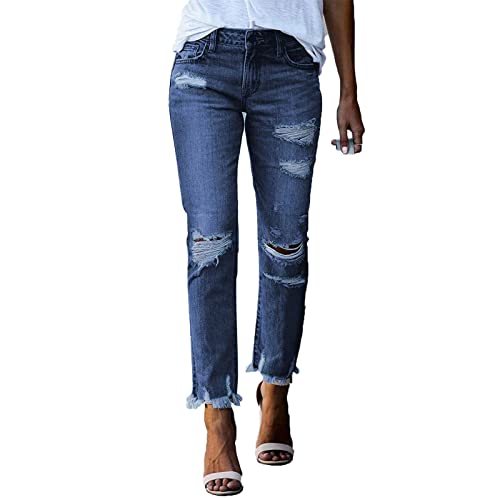 DGHM-JLMY Women's Slim Fit Ripped Straight Jeans Destroyed Raw Hem Boyfriend Denim Hole Jeans Leg Distressed Ankle Washed
