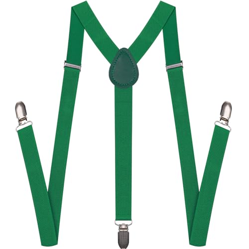 GUCHOL Suspenders for Mens and Women Elastic 1 inch Wide Adjustable Leather Heavy Pants Strong Metal Clips Suspender Costume (Green)