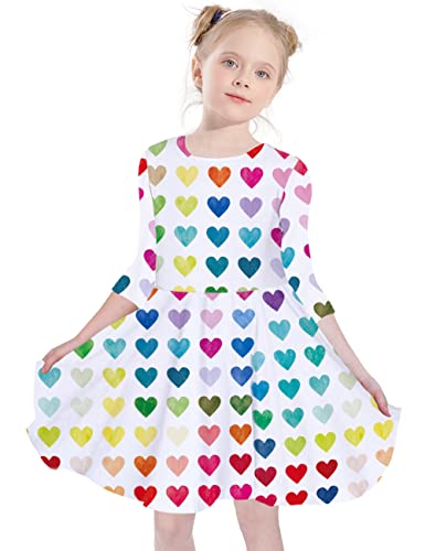 Girl Valentine Dress Kids Toddler Little Tween Love Heart Holiday 3/4 Long Sleeve Twirl Skater Dresses,6-12 Years