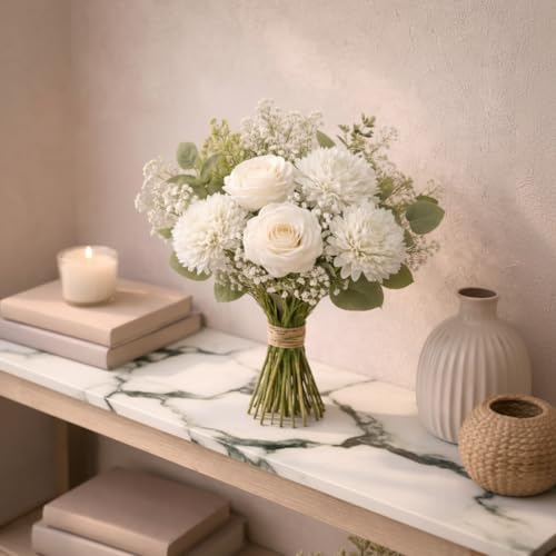 Image of Premium Artificial Flower Bunch - Mum, Rose & Lotus with White Baby Breath | Realistic Fabric Petals | Artificial Flowers for Vase | Home Decoration Items for Living Room & Bedroom | White