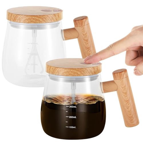 LUMINFLY 2 Pcs Self-Mixing Glass Mugs, 400 Ml Rotating Blender, USB Rechargeable with Lid & Handle, Ideal for Coffee, Milk, and Juice