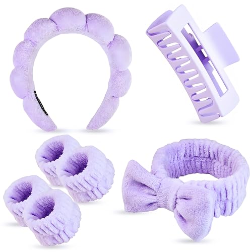 Yaqulen 7 Pcs Spa Set, Facial Headband and Wristband Set, Skincare Accessories, College Style Girl Idea Gifts, Hair Accessories for Women and Girls (Purple)