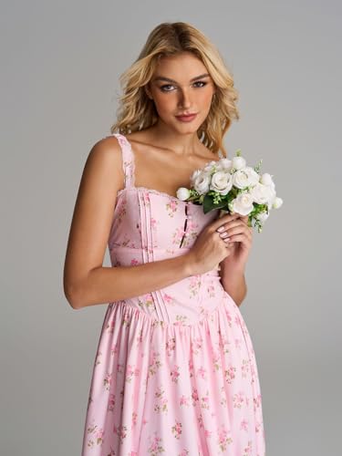 Image of KUTUMAI Women Summer Corset Midi Floral Wedding Guest Dresses with Pockets | Lace Neck, Smocked Back, Flowy A Line Sundress for 2026 Engagement Photoshoot Bridal Shower Garden Party