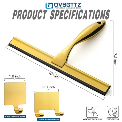 Image of Stainless Steel Shower Squeegee for Glass Door with 3 Adhesive Hook, Glass Cleaning Squeegee for Bathroom & Household Window, Mirrors, Tiles and Car, Clear 10 Inches Golden