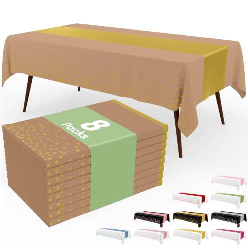 Image of Smiry Plastic Table Cloth Disposable 8 Pack, 54 x 108 Inch Rectangle Waterproof Tablecloth, Printed Gold Table Runner Style for Birthday Weeding, Party Decorations, Leakproof & Sturdy, Gold and Camel