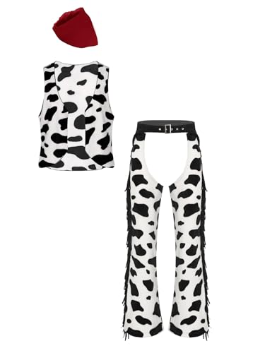 Freebily Herren Kostüm Cowboy Weste Cowboy Chaps Halstuch Mit Kuhmuster Westen Ranger Rodeo Outfit Erwachsenenkostüm Karneval Halloween Rot XL