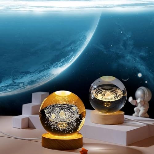 Image of Quace Galaxy Solar System Crystal Ball Night Light, Glass Ball Night LED Lamp with Woodern Base,Decorations Gifts for Men,Women,Kids,Boys,Girls,Teens
