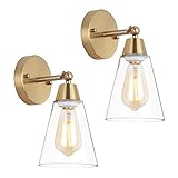 MWZ Gold Wall Sconce Set of 2,Modern Brushed Brass Sconces Lighting with Clear Glass Shade,Bathroom Light Fixtures Over Mirror,Vanity Lights Over Sink,Indoor Wall Mount Adjustable Angle Lamp