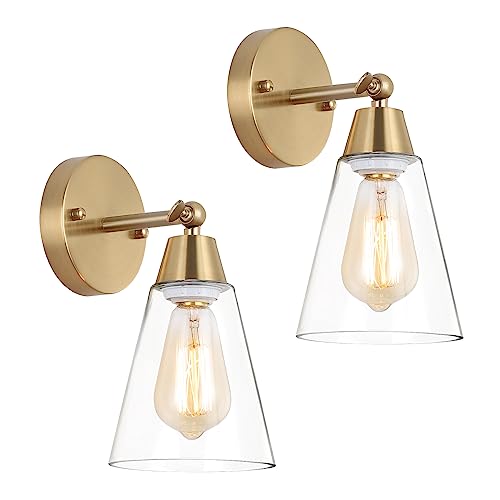 Image of MWZ Gold Wall Sconce Set of 2,Modern Brushed Brass Sconces Lighting with Clear Glass Shade,Bathroom Light Fixtures Over Mirror,Vanity Lights Over Sink,Indoor Wall Mount Adjustable Angle Lamp