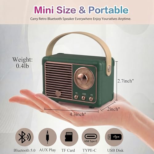 Dosmix Retro Bluetooth Speaker, Vintage Decor, Mini Wireless Bluetooth Speaker, Cute Old Fashion Style for Kitchen Desk Bedroom Office Party Outdoor Accessories for iPhone Android (Green) - Image 3