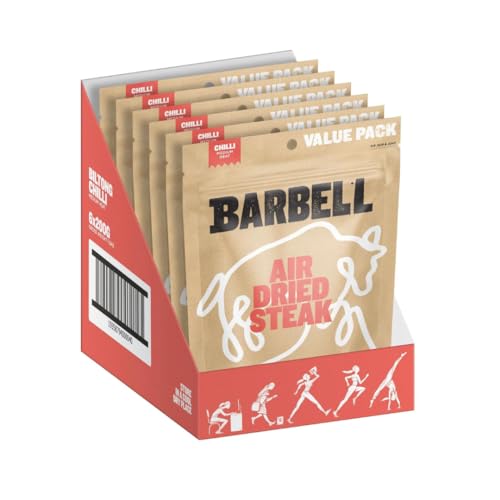 Barbell Biltong Air Dried Steak, Chilli, 6x200g Bags, Grass-Fed Beef, High Protein Meat Snack