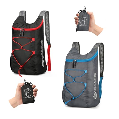 Sahunfri 2 zaini ultra leggeri, zaino pieghevole resistente all'acqua, zaino da viaggio, multifunzionale, per donne e uomini, per campeggio, escursionismo, ciclismo, Nero grigio, M