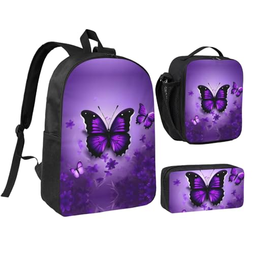 Sac à dos papillons violets idéal pour le voyage et le collège avec lunch box