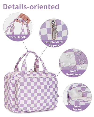 Image of Narwey Large Hanging Toiletry Bag Travel Makeup Bag Cosmetic Organizer for Women and Girls, Z-Purple Checkerboard, Medium