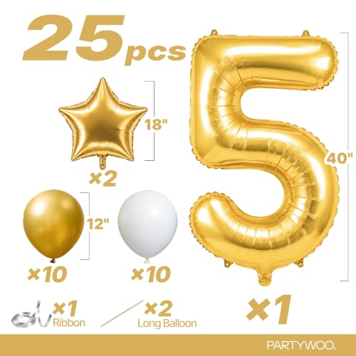 Image of PartyWoo Metallic Gold Number 5 Balloon 40 Inch 25pcs Gold Foil Star White