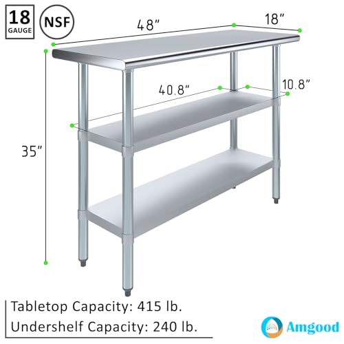 Image of AmGood Stainless Steel Work Table with 2 Shelves | NSF | Metal Utility Table (48 inch Long x 18 inch Deep)