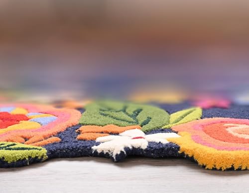 Image of Hand-Tufted Wool Large Carpet for Living Room 12x18 feet Blue Multicolor Floral Anti-Skid High Pile Thick Carpet & Rugs for Bedroom & Hall