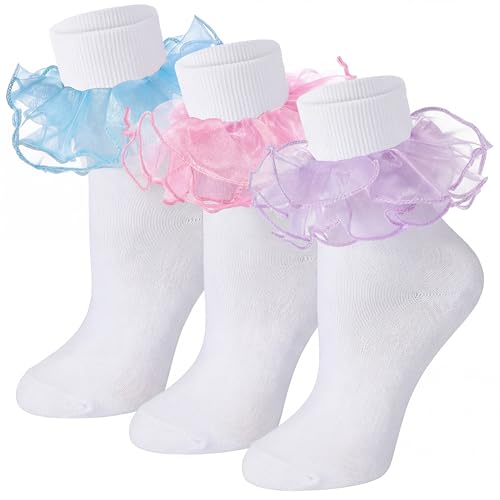 Image of Geyoga 3 Pairs Women Big Ruffle Socks Turn Cuff, Double Lace Ankle Cotton Frilly Socks for Ladies Summer