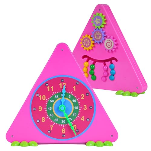 Image of FLYI 3-in-1 Activity Triangle Learning Clock for Kids | STEM Montessori Toy with Spin Gears and Bead Logic Game | BIS Certified Educational Toy, 2+ Years (Pink)