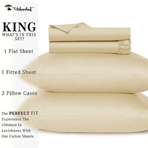 URBANHUT 800 Thread Count Egyptian Cotton Sheets Set King Size, Long Staple, Soft & Breathable, 4 Pc Bed Sheet Sets for King Size Bed, Luxury Hotel Sateen Sheets Fits 16" Deep Pocket - Sand