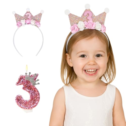 OIXEYA Conjunto de aniversário para 3 anos: Coroa de aniversário com glitter e flores, velas de aniversário numéricas com coroa de cristais